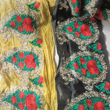 Black / Olive Green Silk Fabric Trim With Red, Green And Gold Floral Rose Embroidery, Indian Laces